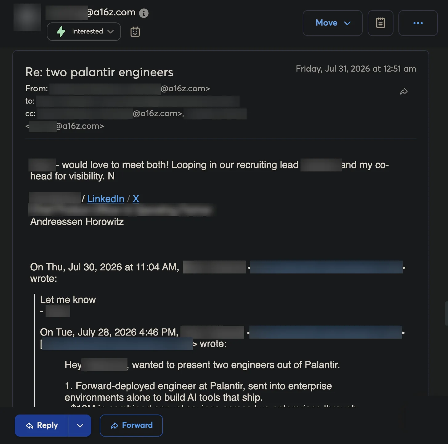 Reply from a C-suite and Operating Partner at Andreessen Horowitz asking to meet both engineers