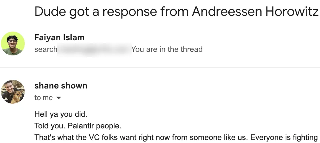 Email thread titled: dude got a response from Andreessen Horowitz