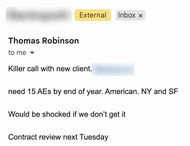 Email from ScoutLab's president: killer call with new client, need 15 AEs by end of year