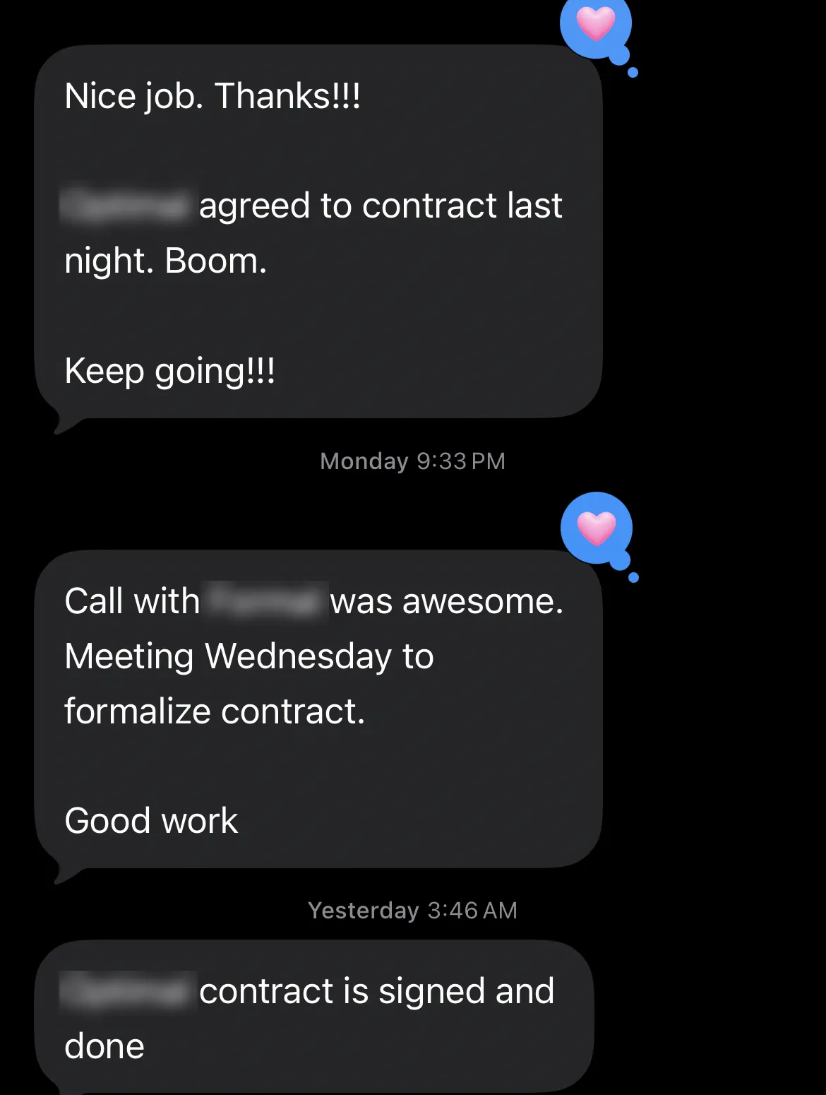 Text thread: agreed to contract last night, then contract is signed and done